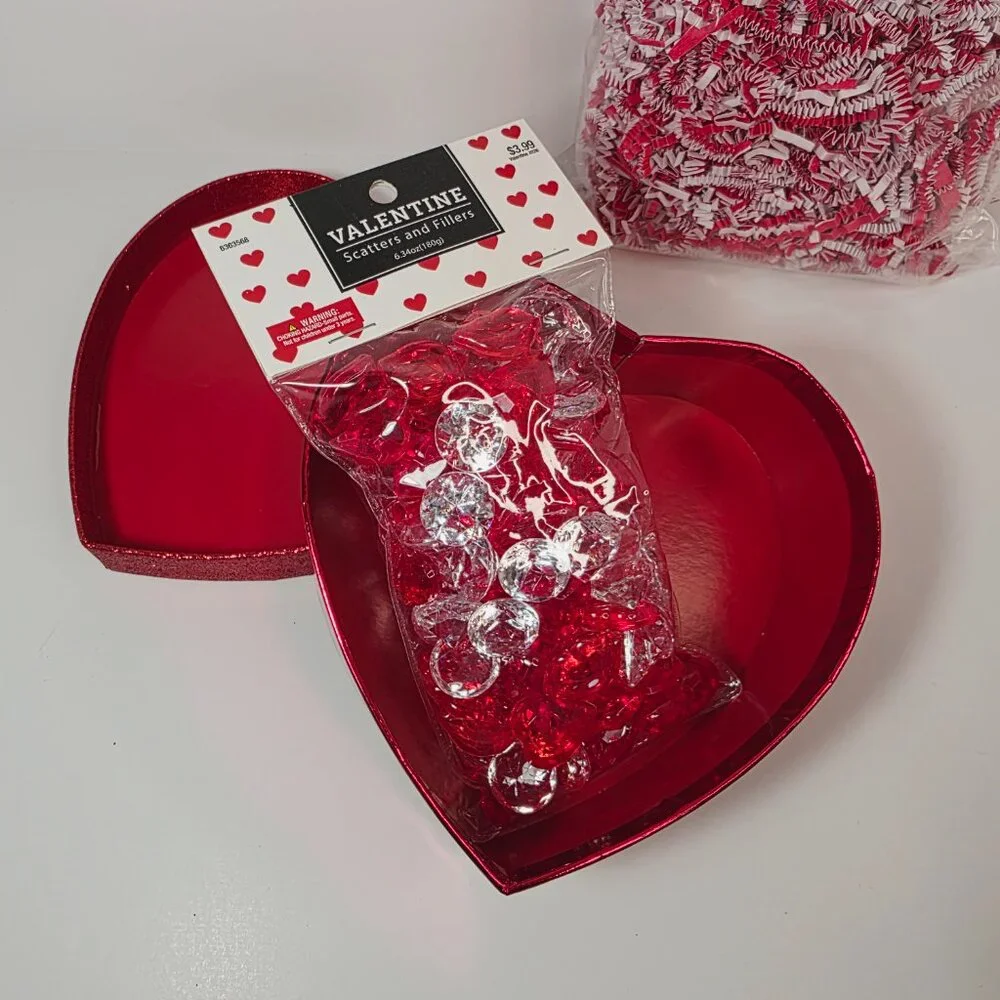 Valentine Heart Gift Box Set w/ Fillers – Glitter Heart Box, Gems & Paper Shred
